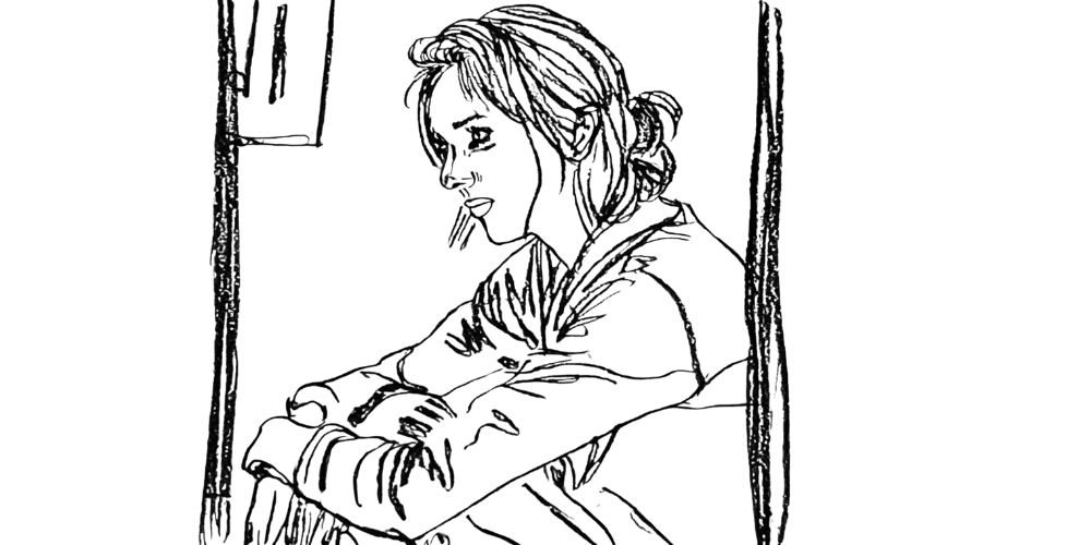 Hand-drawn sketch of a tired woman resting her head on folded arms, capturing the need to pause