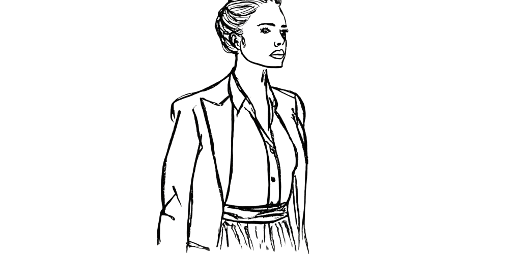 Hand-drawn sketch of a confident woman standing tall in a blazer, representing regained strength after rest