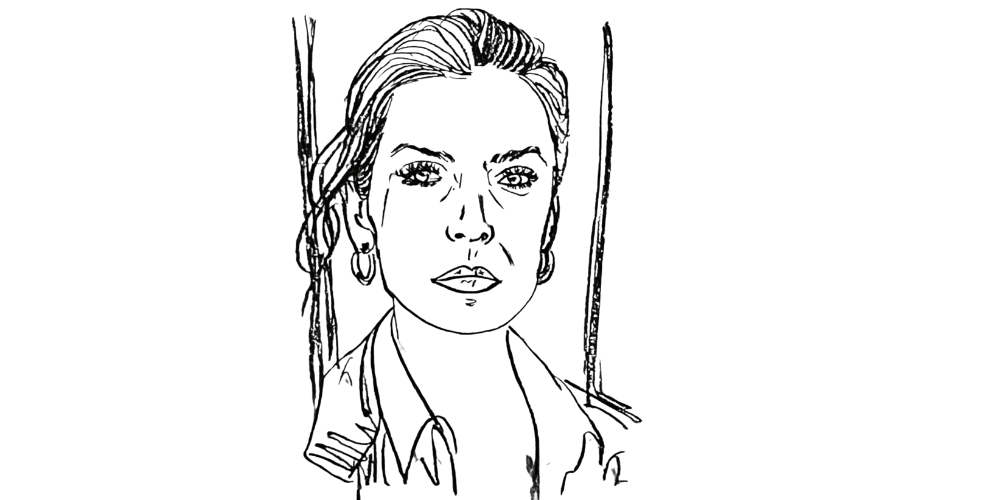 Hand-drawn sketch of a woman facing forward with a steady, determined gaze