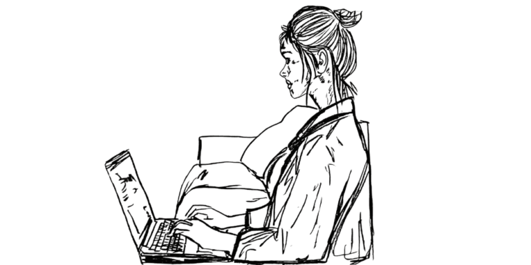 Hand-drawn illustration of a woman working on a laptop, representing mental fatigue and declining concentration during prolonged work.