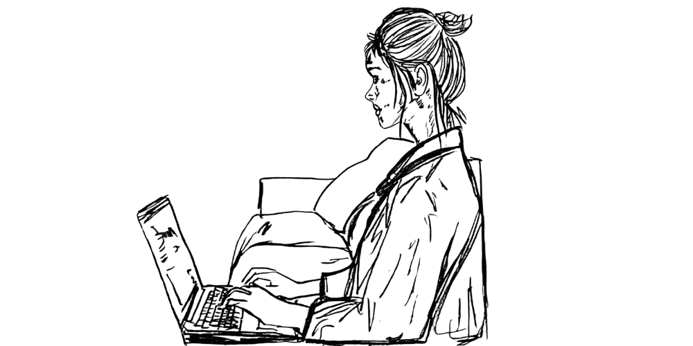 Choosing rest over pushing through – hand-drawn illustration of a woman sitting on a couch with a laptop, symbolizing self-reflection.
