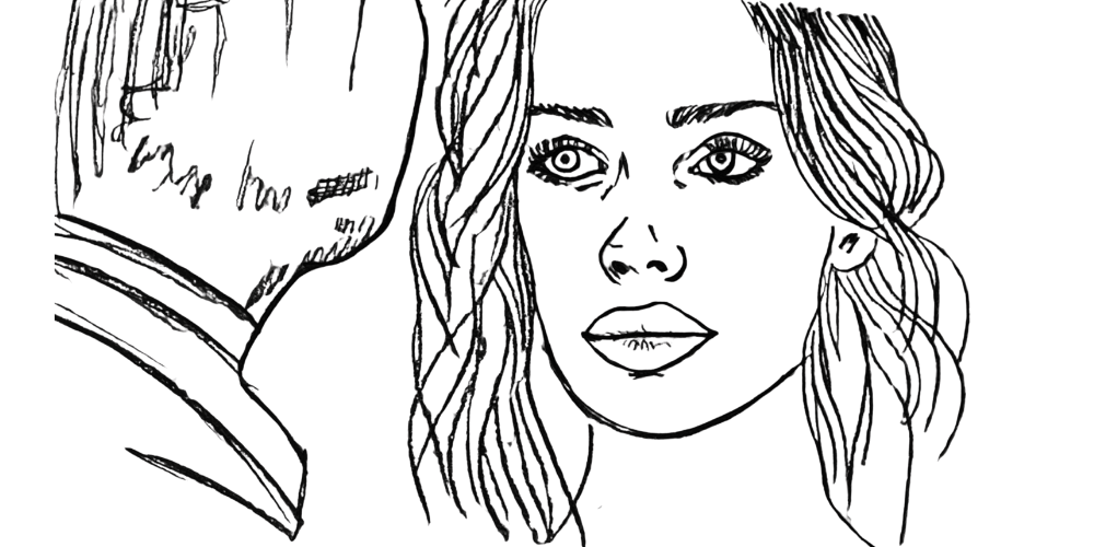 Line art of a woman looking ahead while a man’s profile is partly visible