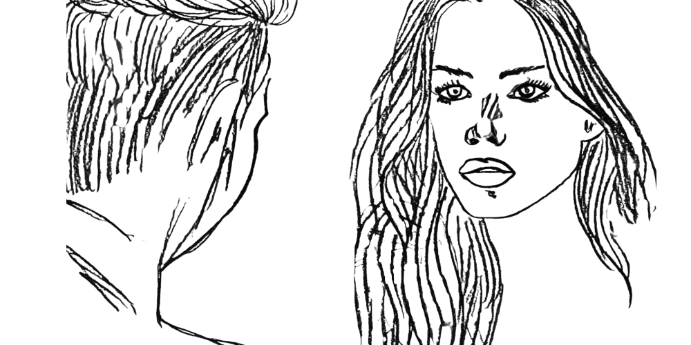 Line art of a woman facing forward with a man’s head turned away