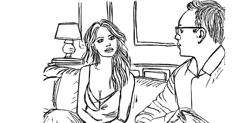 Line art of a woman and man talking while sitting together