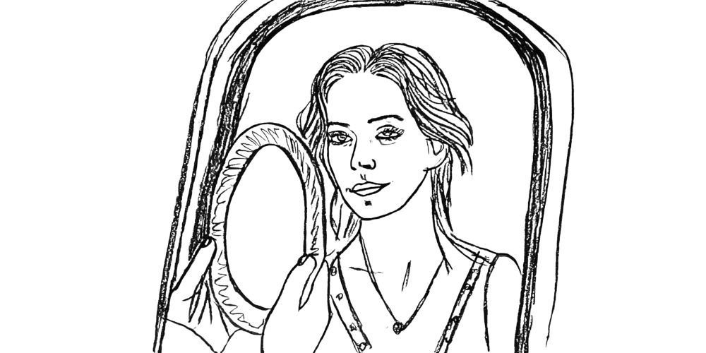 Line art of a woman gazing into a mirror