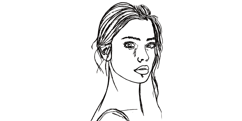 Line art of a woman with a soft, thoughtful expression