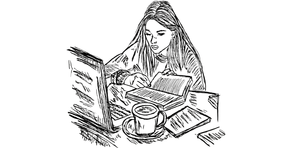 Woman journaling at a desk with coffee – realizing her worth