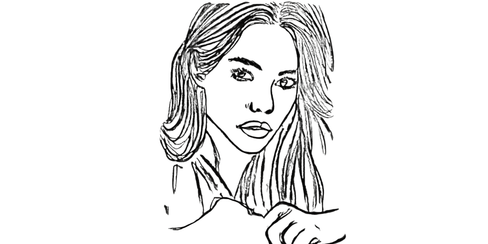 Hand-drawn portrait of a woman with hand near chest, symbolizing inner peace and self-acceptance