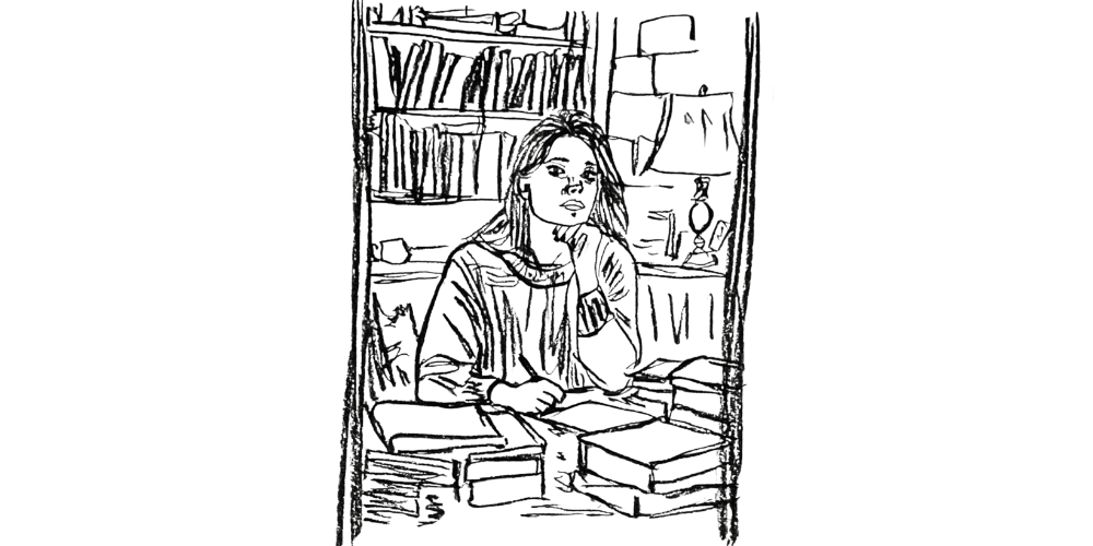 Hand-drawn woman sitting at a desk surrounded by books, reflecting on what to carry forward and what to leave behind