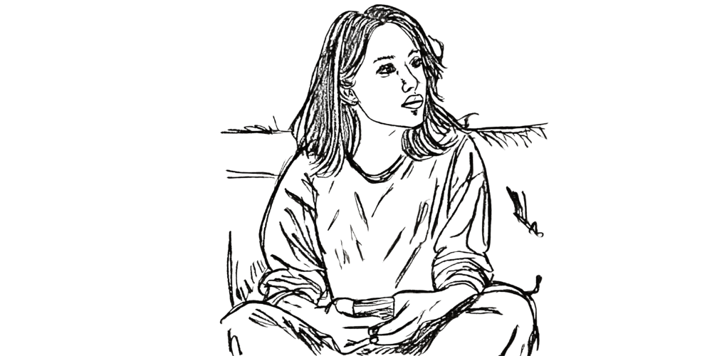 Hand-drawn woman sitting with arms folded, gazing sideways in contemplation