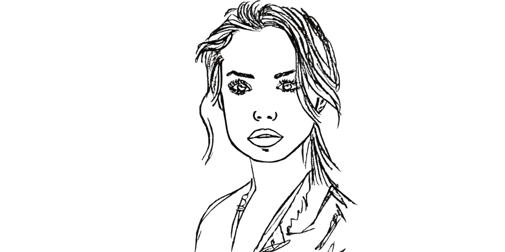 Hand-drawn portrait of a woman with hair tied back, gazing forward with strength