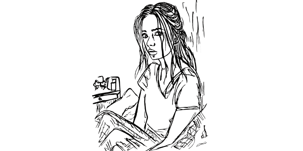 Hand-drawn woman sitting with a cup of tea, enjoying a slow, calm morning