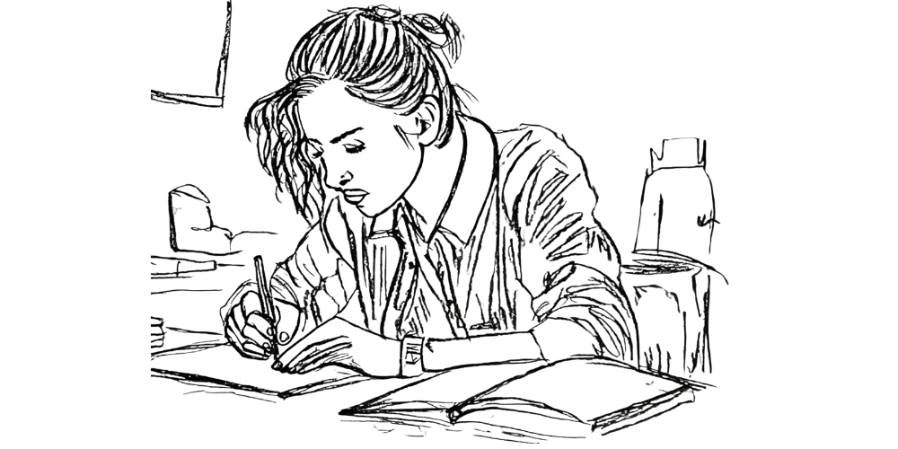 Hand-drawn woman journaling at a desk, symbolizing self-reflection