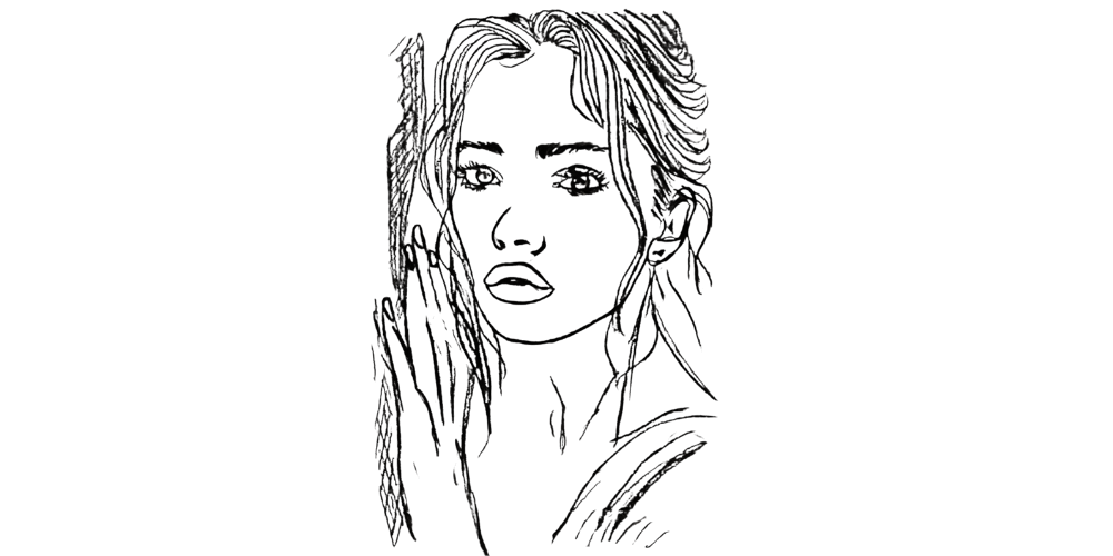 Hand-drawn portrait of a woman with her hand raised, in a thoughtful pose