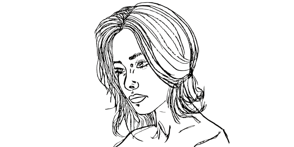 Hand-drawn portrait of a woman looking sideways, lost in thought