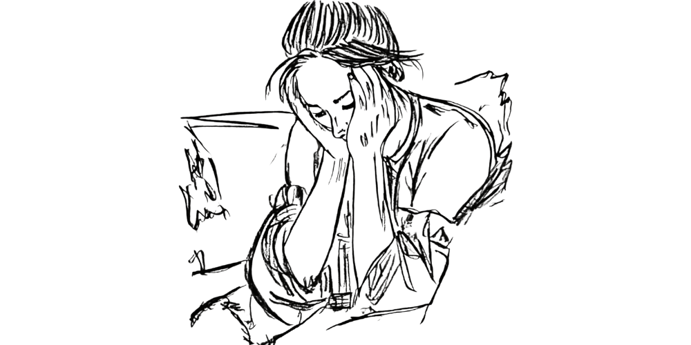 Sketch of a woman sitting with her head resting on her hand, deep in thought and quiet presence