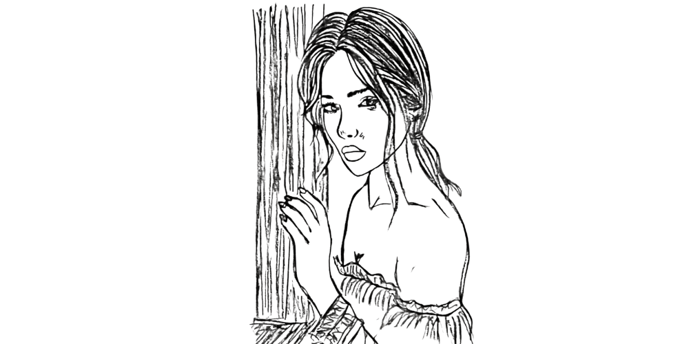 Pencil drawing of a woman leaning against a tree, looking outward with a calm, reflective gaze