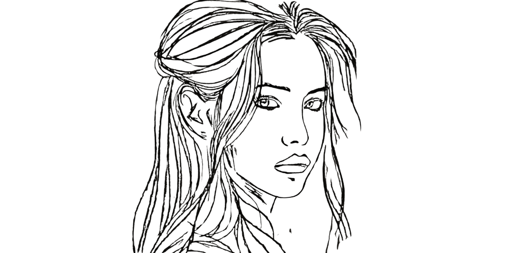 Hand-drawn close-up of a woman with loose hair, looking forward with quiet confidence