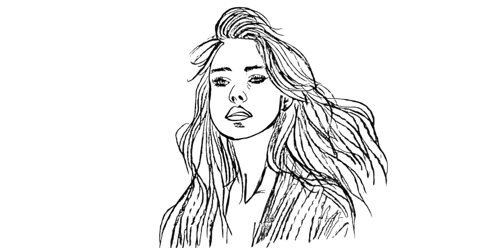 Sketch of a woman with windblown hair, eyes closed, embodying peace and presence