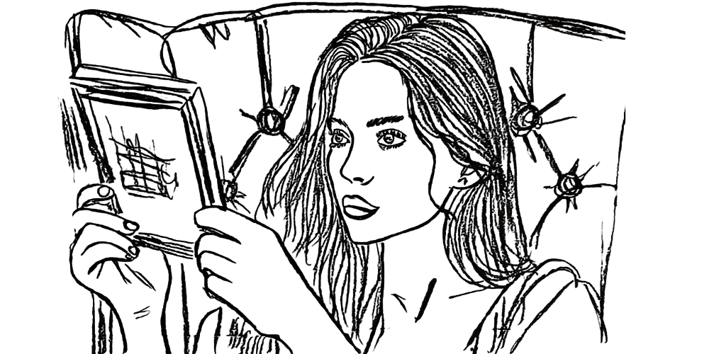 Line drawing of a woman reading a book, representing self-discovery and personal growth