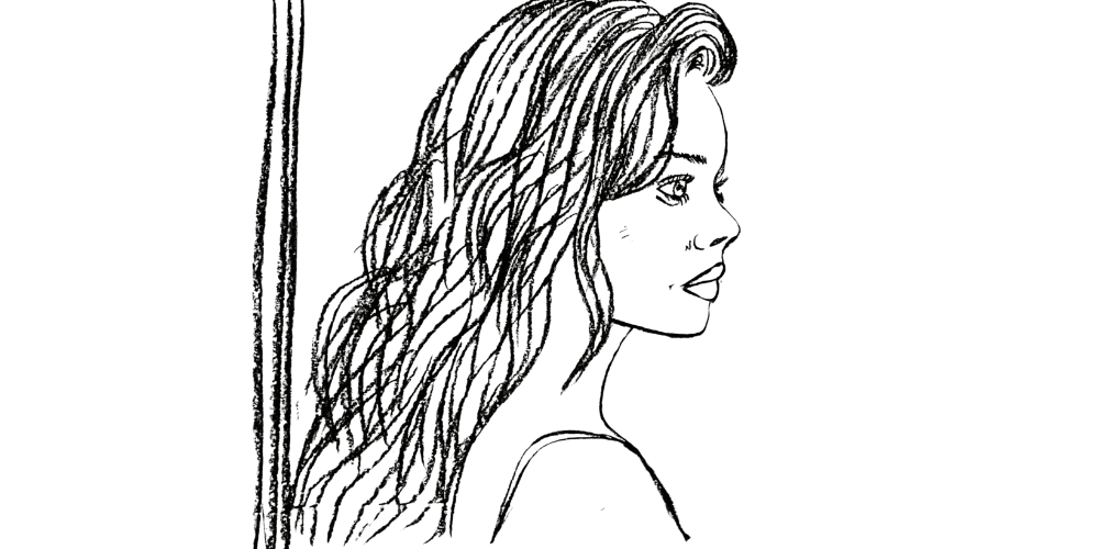 Hand-drawn portrait of a woman with flowing hair, looking forward to a new chapter