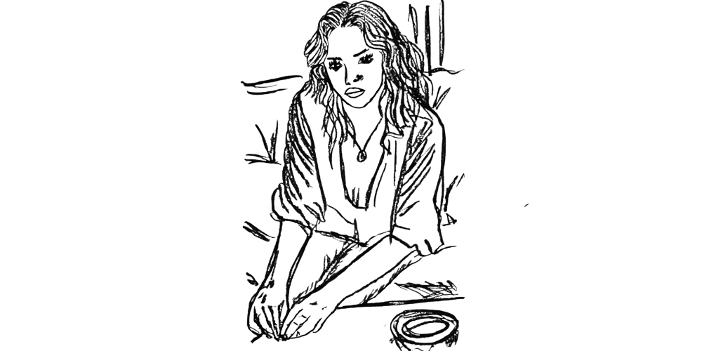 Sketch of a woman seated at a table – journaling and reflection