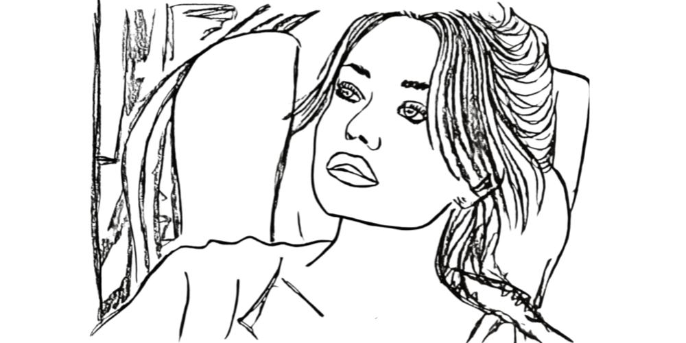 Hand-drawn portrait of a thoughtful woman leaning back, reflecting inner self-discovery