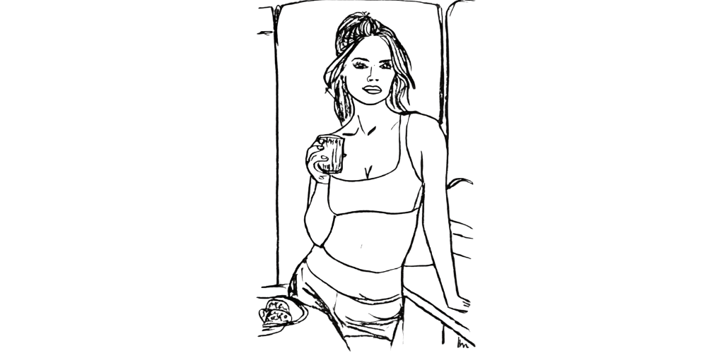 Hand-drawn sketch of a relaxed woman holding a cup, embodying gentle self-care and authenticity