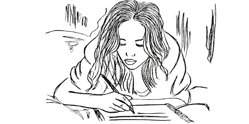 Hand-drawn sketch of a woman writing in her journal, reflecting on authentic growth