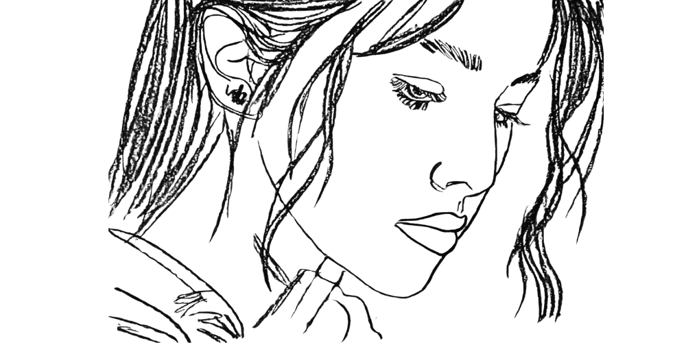 Hand-drawn profile of a thoughtful woman, head slightly bowed