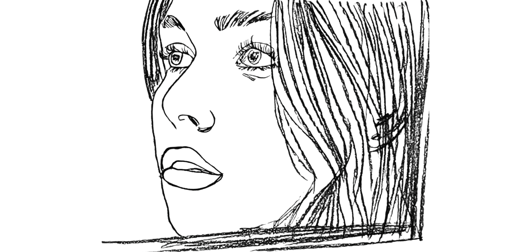 Sketch of a woman turning her face slightly, symbol of slow transformation