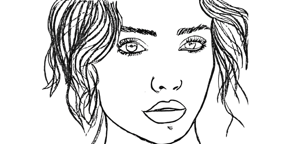 Hand-drawn portrait of a woman facing forward with steady gaze