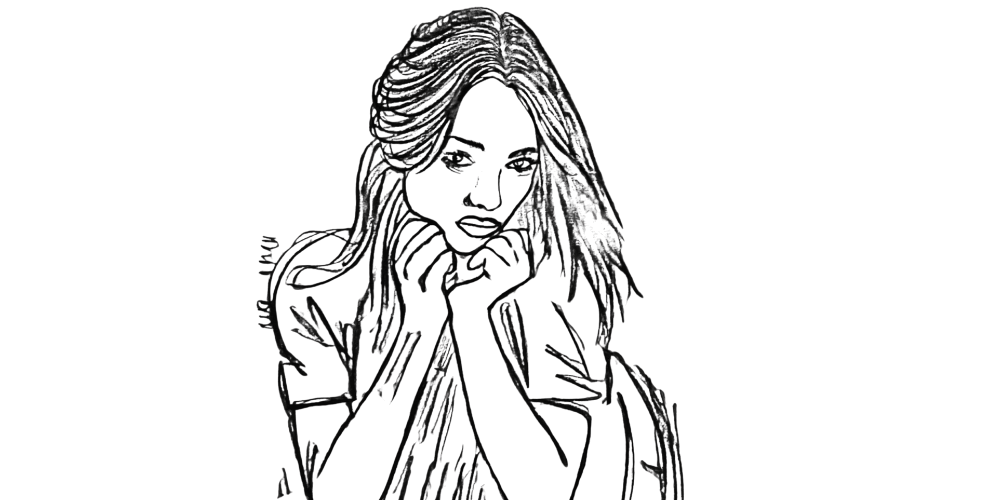 Drawing of a woman pausing with her hands near her face, symbolizing interrupting painful thoughts