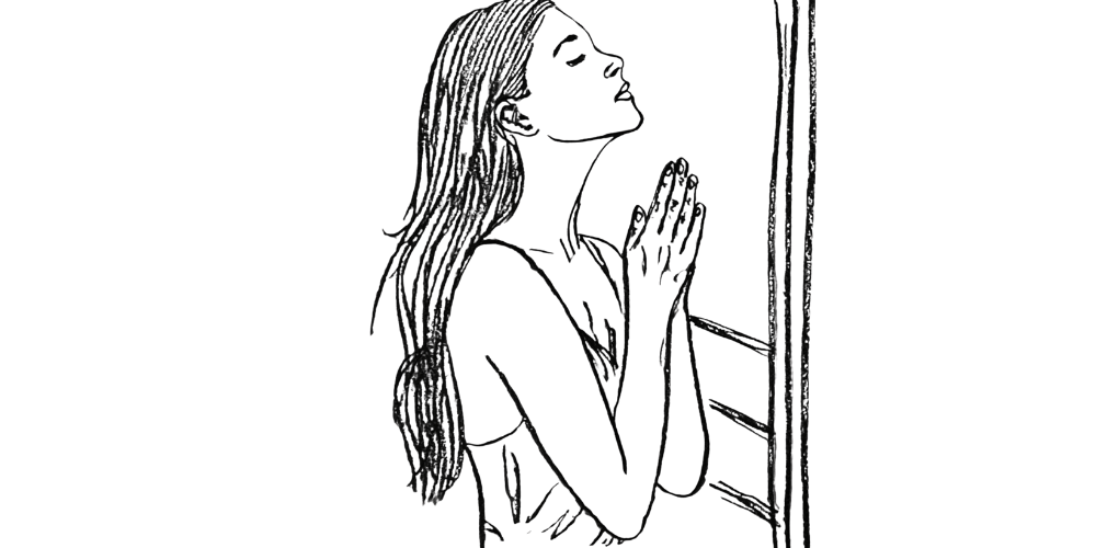 Line drawing of a reflective woman near a window, noticing and naming thoughts