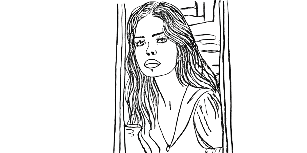 Drawing of a woman with closed eyes and hands near her heart, practicing gentle interruption