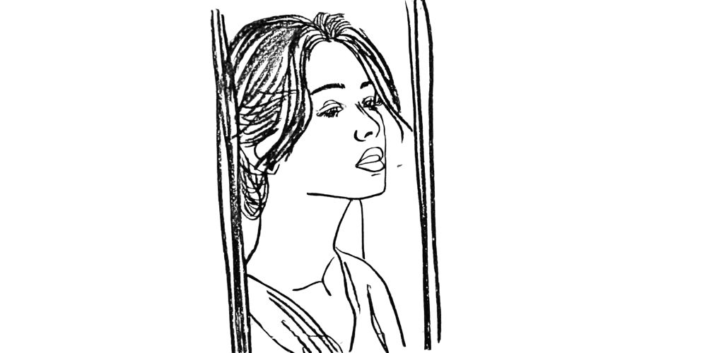 Line art of a woman closing her eyes in quiet reflection