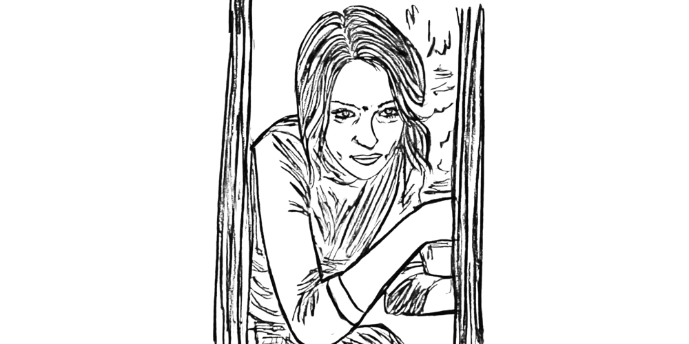 Woman leaning on the window frame with steady gaze