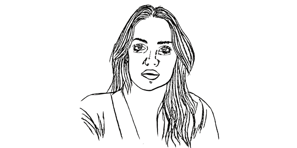 Line drawing of a woman gazing forward in silence