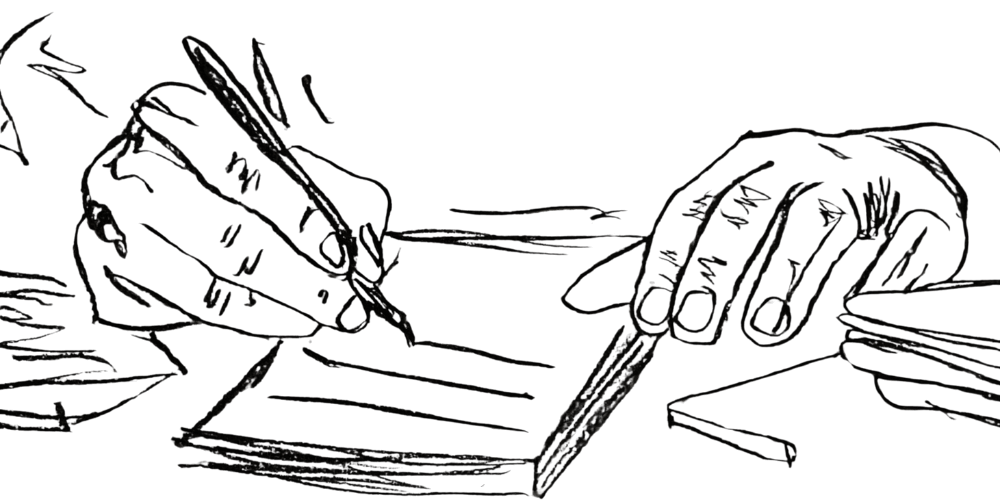 Hand-drawn sketch of hands writing in a journal
