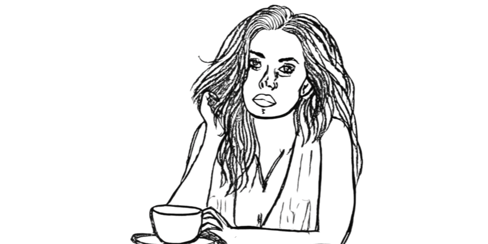 Line art woman sitting with a cup, reflecting on quiet acceptance