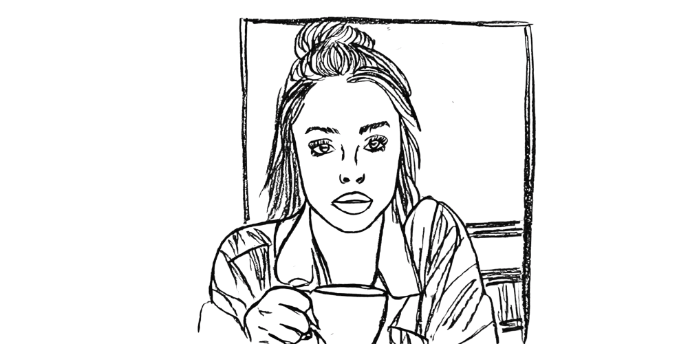 Hand-drawn illustration of a woman holding a cup — choosing presence over perfection