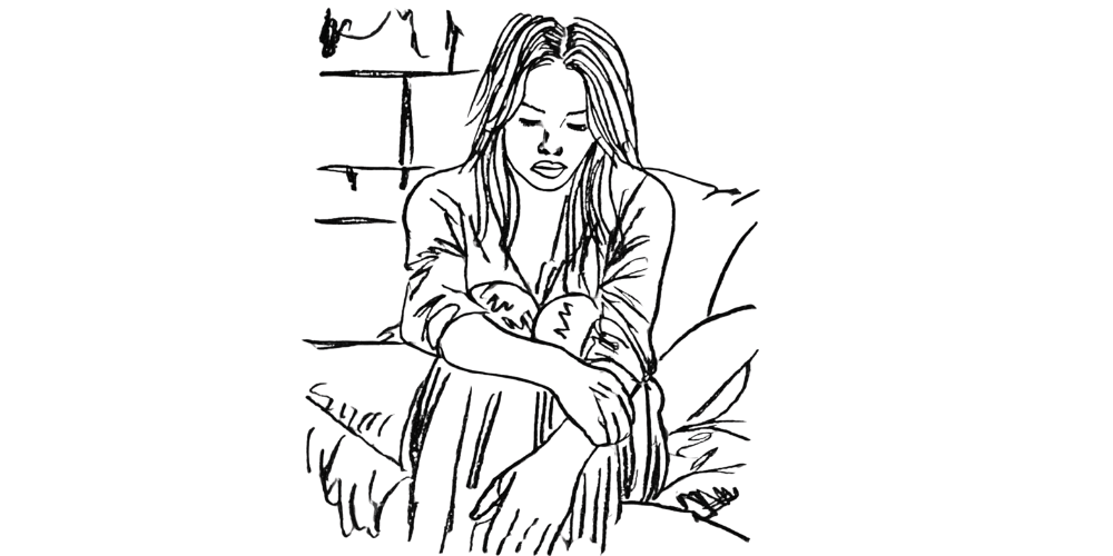 Drawing of a thoughtful woman sitting, symbolizing inner stability