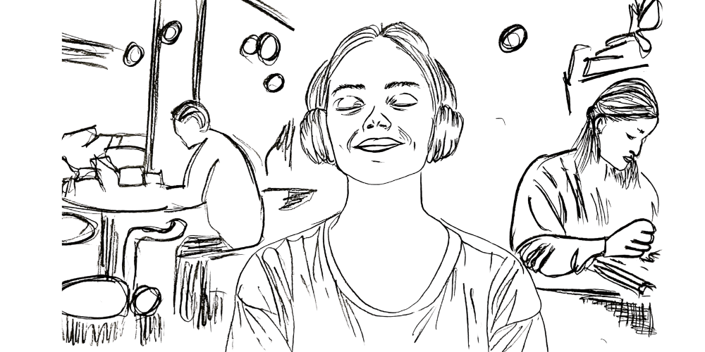 Line art drawing — woman standing calmly in a rushing crowd