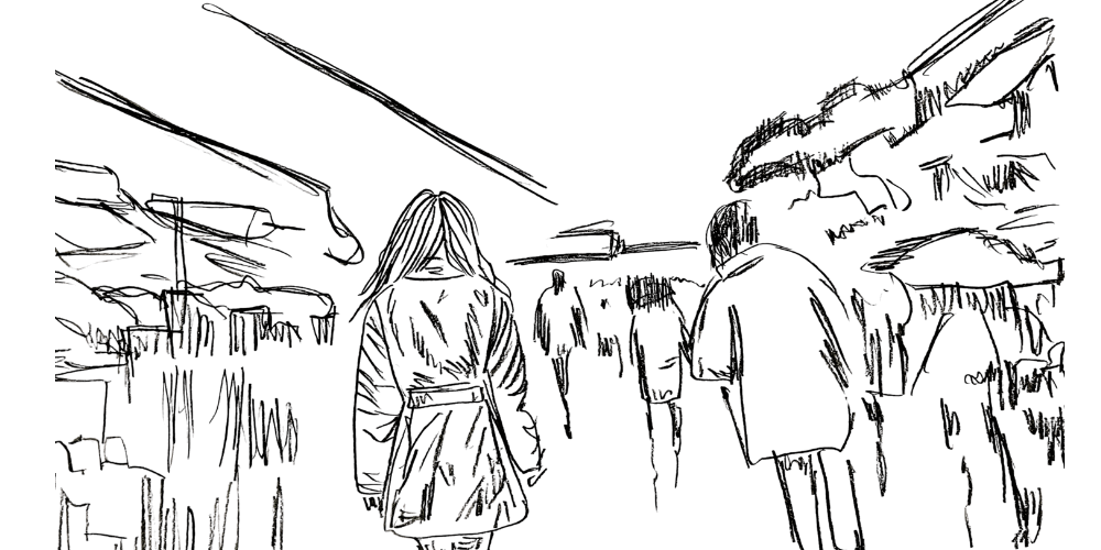 Line art sketch — person walking calmly through a busy street