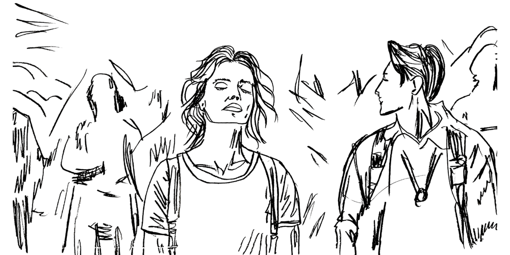 Line art sketch — calm woman leaning against a wall in a busy space