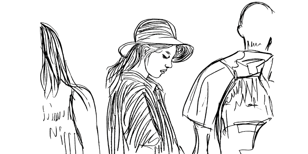 Line art — person smiling softly in a busy street, staying grounded