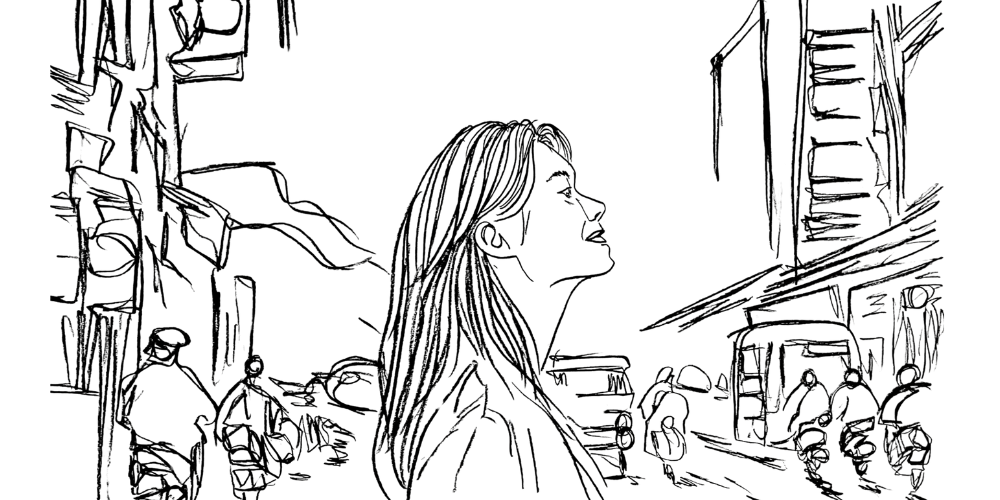 Line art drawing — gentle figure standing calm in a noisy environment