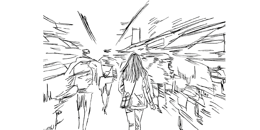 Line art of a calm woman leaning against a tree, choosing her own rhythm