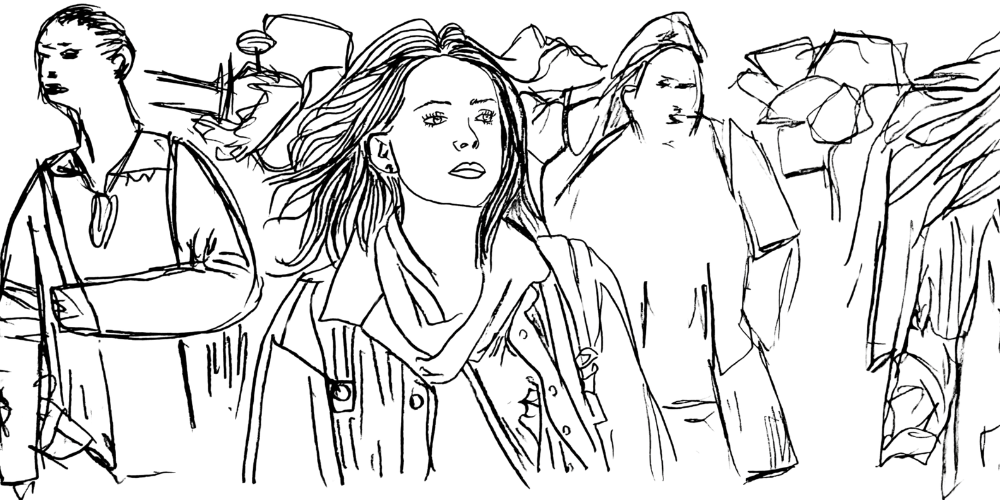 Line art of a smiling woman embracing slowness among busy streets