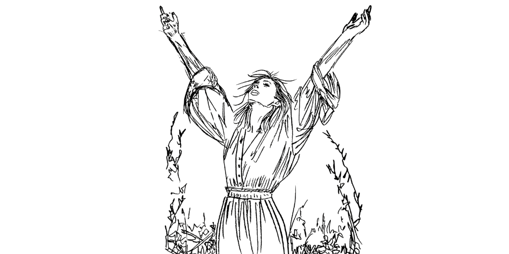 Line art — woman with open arms in nature, expressive and free